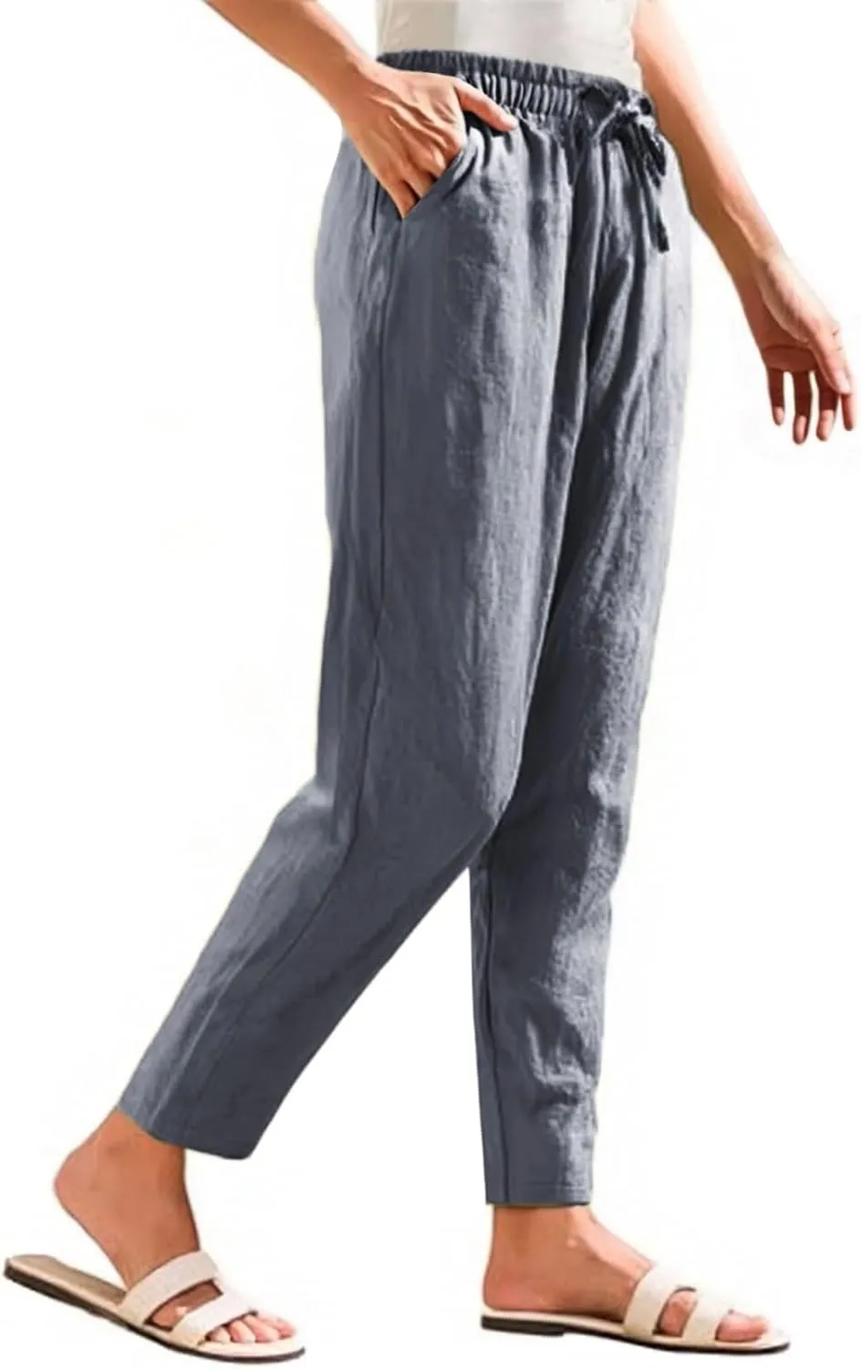 Linen Cropped Pants Women Straight Leg Elastic Waist Drawstring Casual Pants with Pockets 2025 Summer Beach Outfits