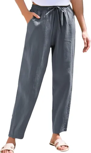 Linen Cropped Pants Women Straight Leg Elastic Waist Drawstring Casual Pants with Pockets 2025 Summer Beach Outfits