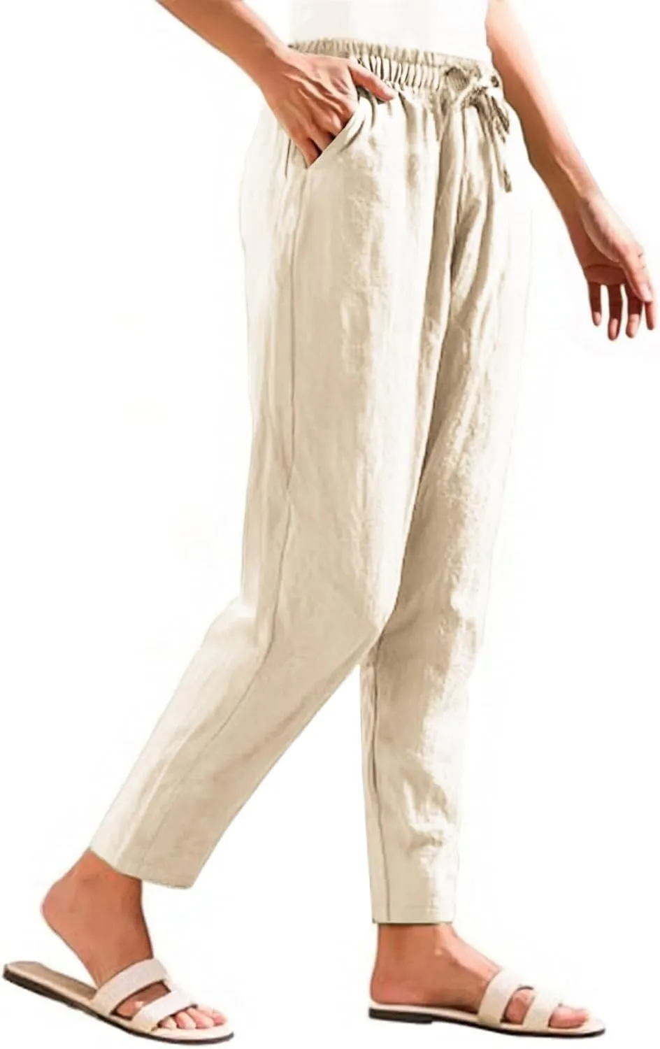 Linen Cropped Pants Women Straight Leg Elastic Waist Drawstring Casual Pants with Pockets 2025 Summer Beach Outfits