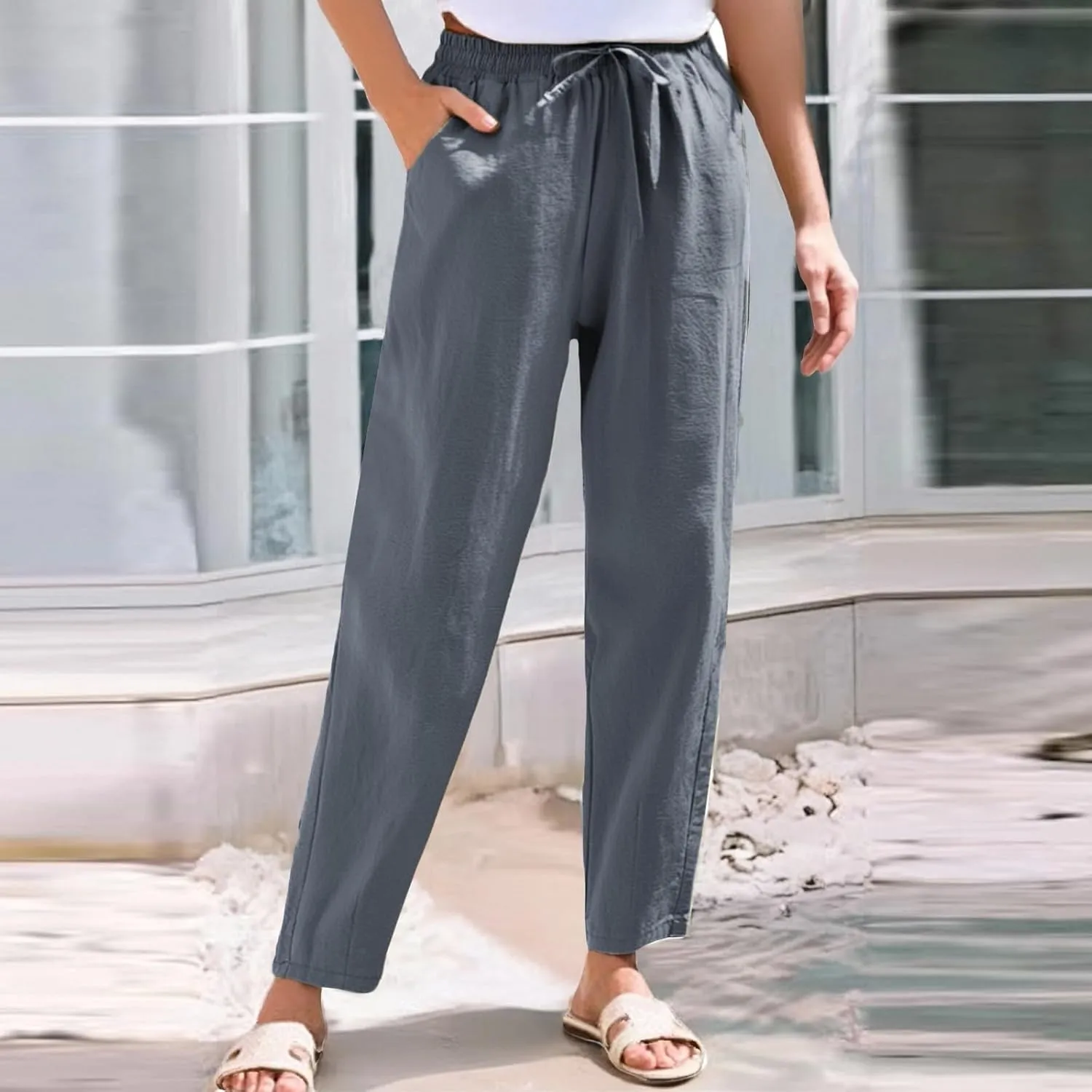 Linen Cropped Pants Women Straight Leg Elastic Waist Drawstring Casual Pants with Pockets 2025 Summer Beach Outfits