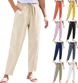Linen Cropped Pants Women Straight Leg Elastic Waist Drawstring Casual Pants with Pockets 2025 Summer Beach Outfits