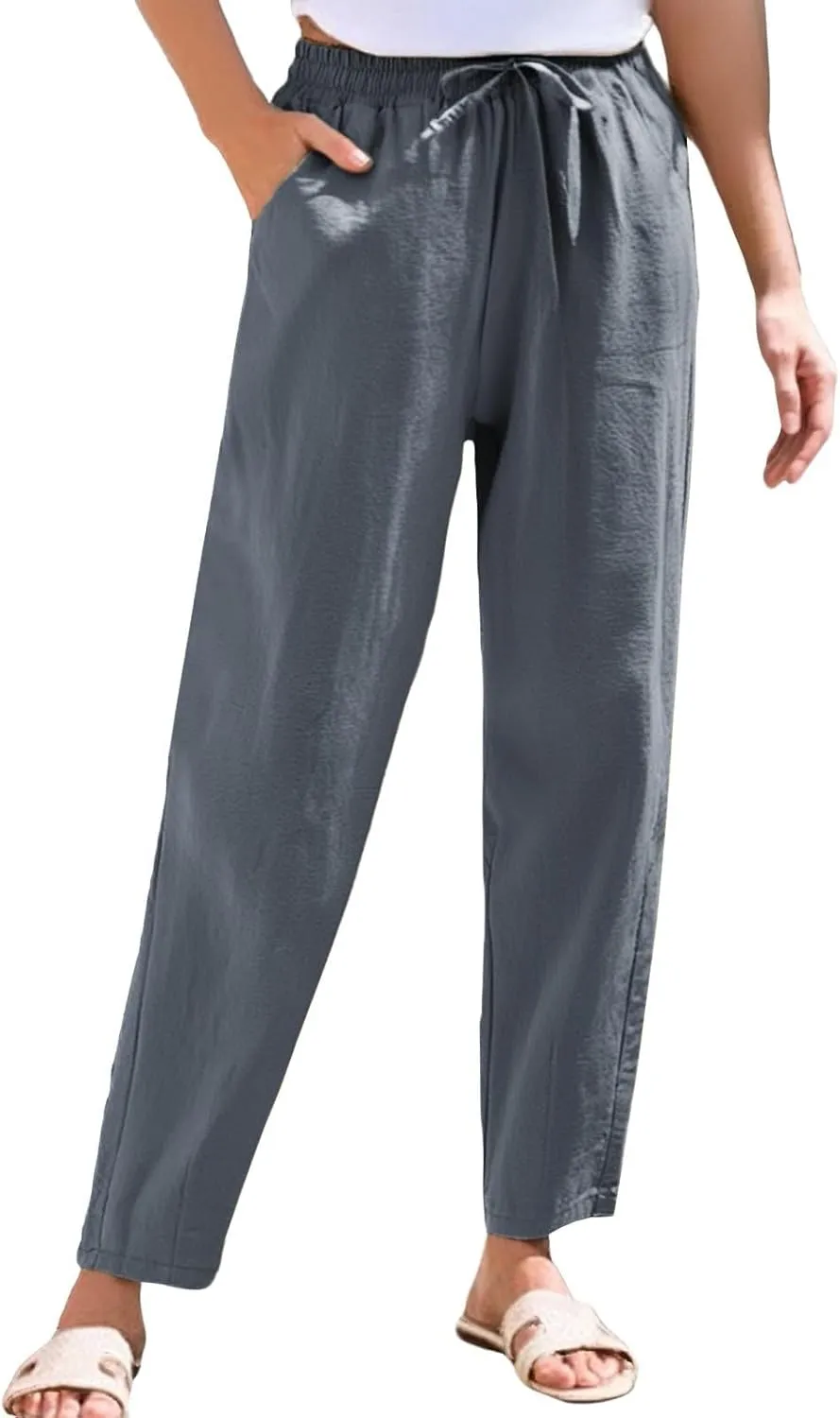Linen Cropped Pants Women Straight Leg Elastic Waist Drawstring Casual Pants with Pockets 2025 Summer Beach Outfits