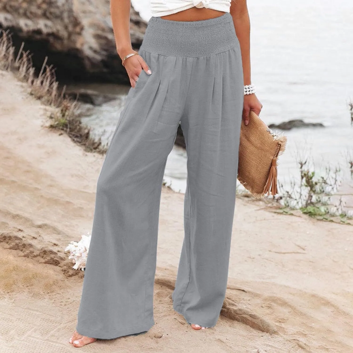 Linen Palazzo Pants Women Summer Boho Wide Leg High Waist Lounge Pant 2025 Casual Beach Vacation Outfits