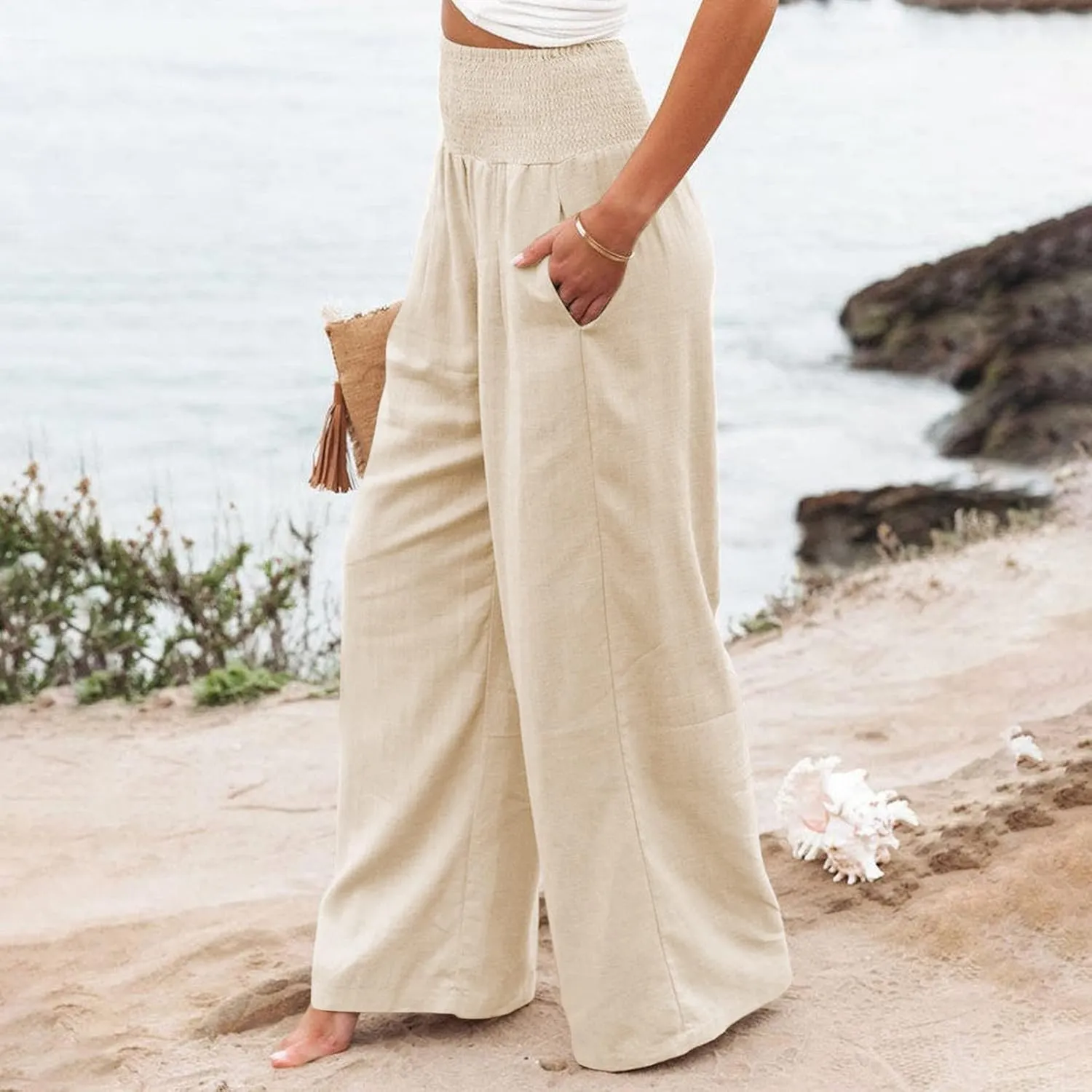 Linen Palazzo Pants Women Summer Boho Wide Leg High Waist Lounge Pant 2025 Casual Beach Vacation Outfits