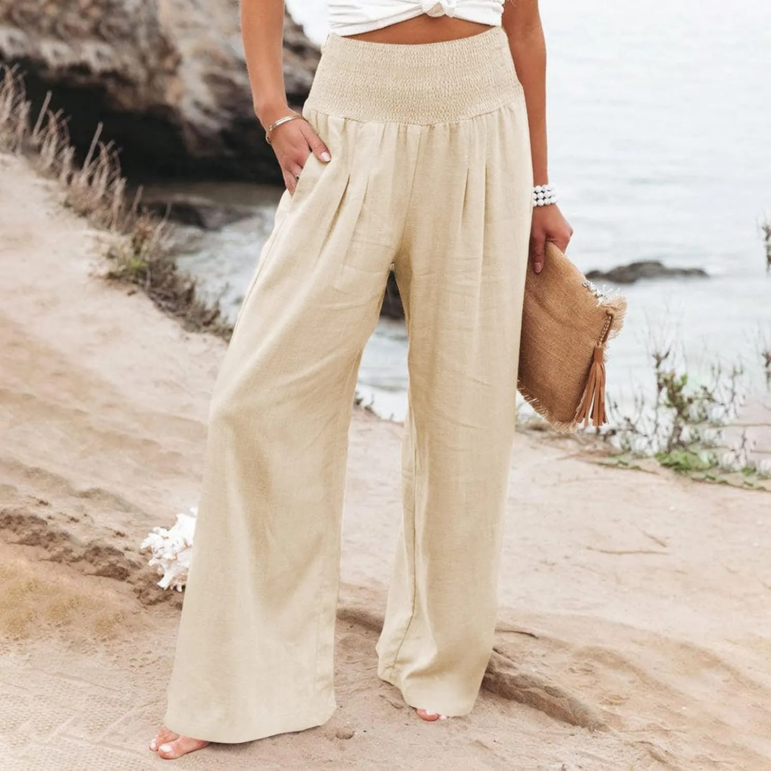 Linen Palazzo Pants Women Summer Boho Wide Leg High Waist Lounge Pant 2025 Casual Beach Vacation Outfits