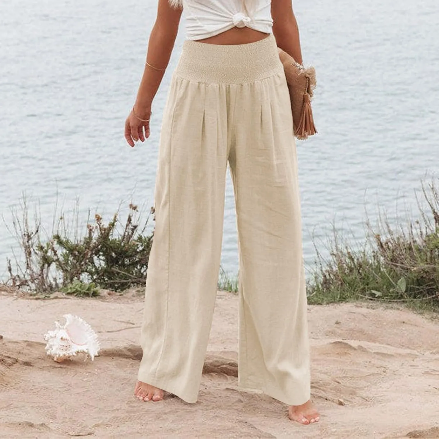 Linen Palazzo Pants Women Summer Boho Wide Leg High Waist Lounge Pant 2025 Casual Beach Vacation Outfits