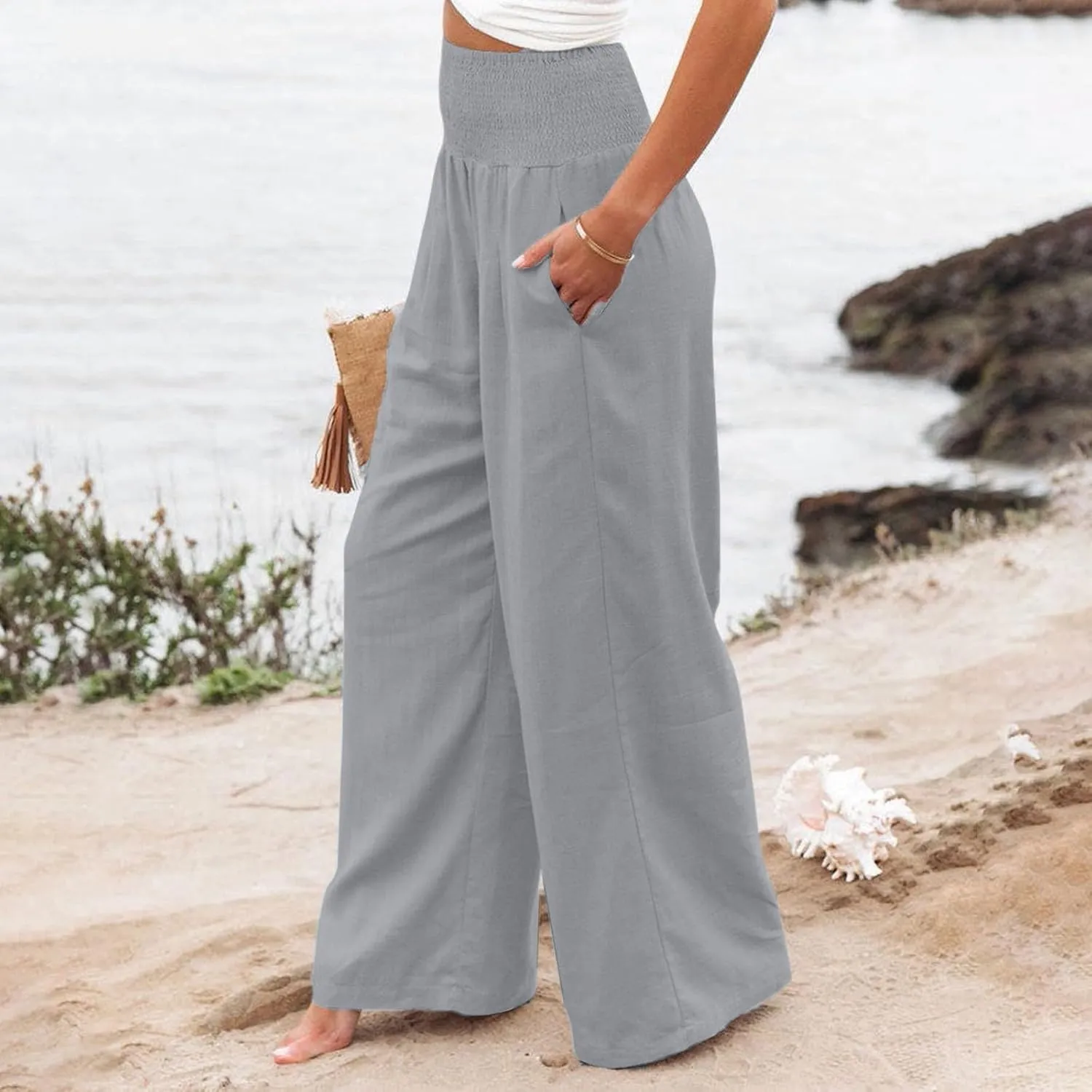 Linen Palazzo Pants Women Summer Boho Wide Leg High Waist Lounge Pant 2025 Casual Beach Vacation Outfits