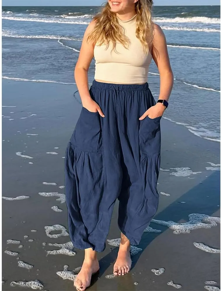 Linen Pants Casual Lightweight Loose Fit Wide Leg Harem Pants with Drawstring with Large Pockets for Home Travel Beach