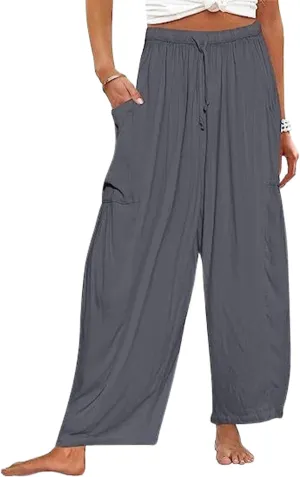 Linen Pants Casual Lightweight Loose Fit Wide Leg Harem Pants with Drawstring with Large Pockets for Home Travel Beach