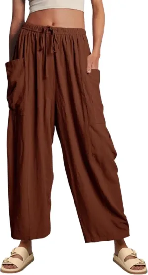 Linen Pants Casual Lightweight Loose Fit Wide Leg Harem Pants with Drawstring with Large Pockets for Home Travel Beach