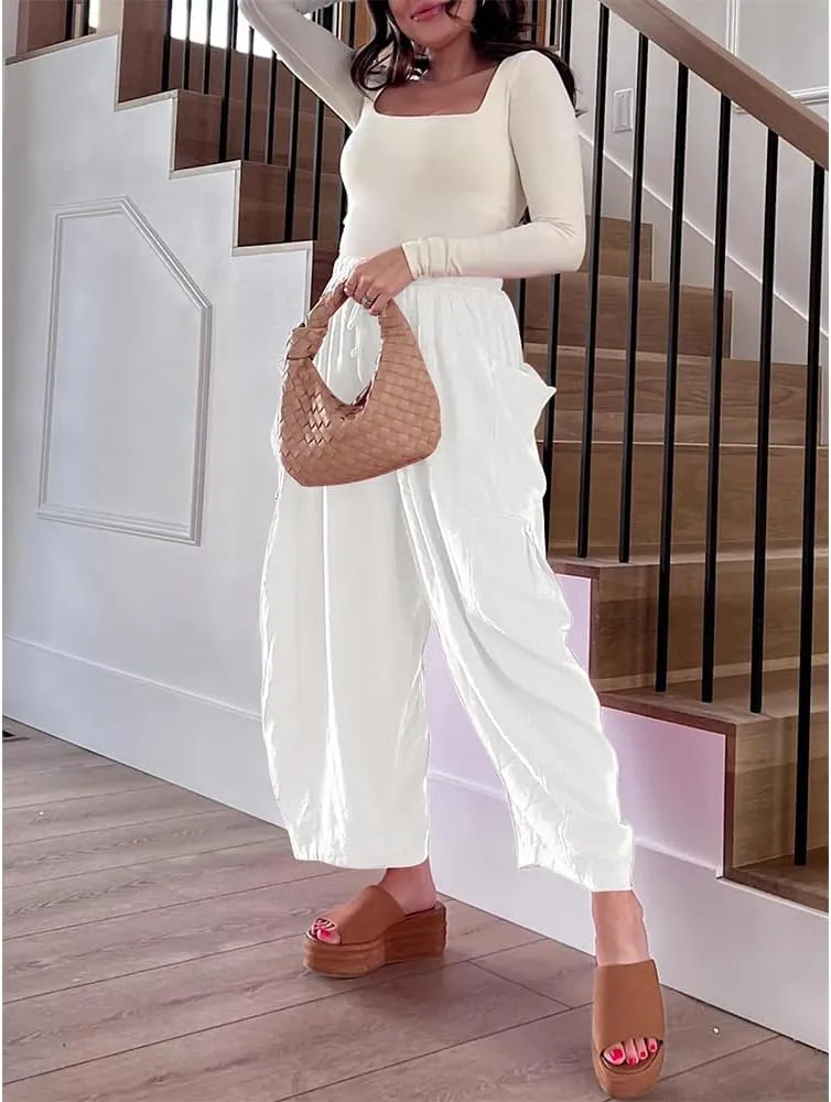 Linen Pants Casual Lightweight Loose Fit Wide Leg Harem Pants with Drawstring with Large Pockets for Home Travel Beach