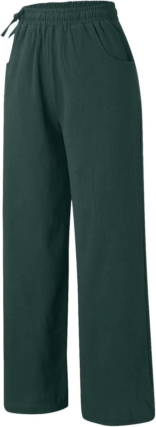 Linen Pants for Women High Waist Palazzo Wide Leg Trousers Lounge Pants Drawstring Boho Beach Pants Solid Slacks