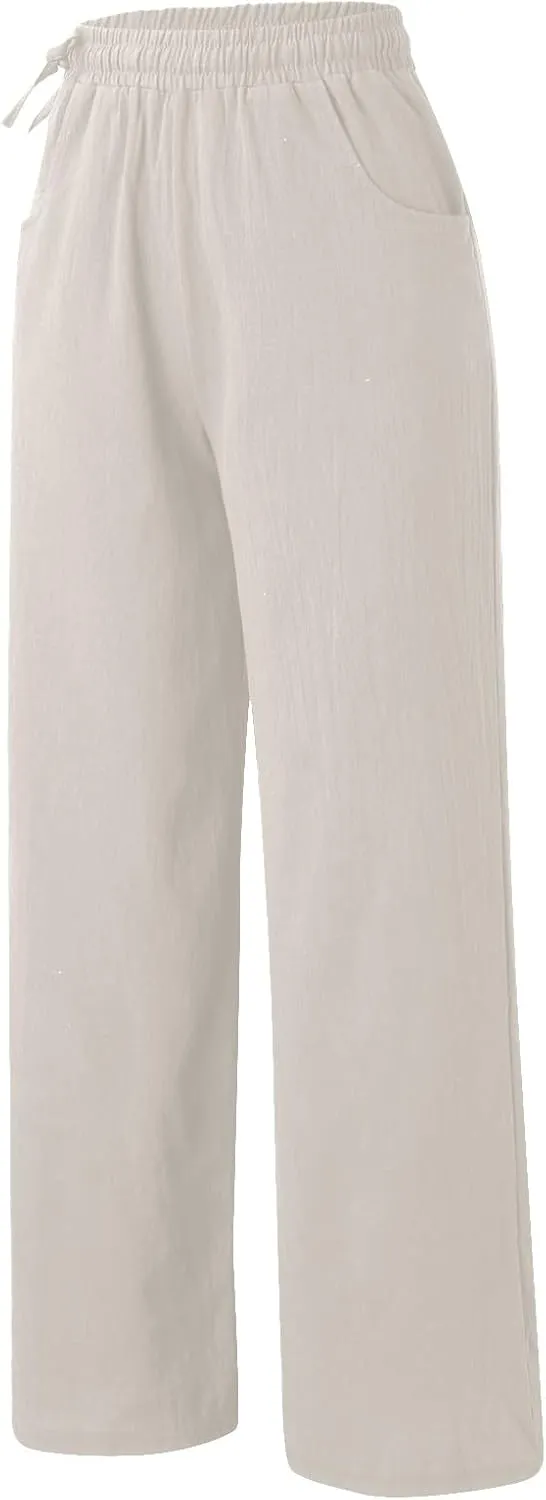 Linen Pants for Women High Waist Palazzo Wide Leg Trousers Lounge Pants Drawstring Boho Beach Pants Solid Slacks
