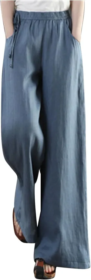 Linen Pants for Women High Waist Palazzo Wide Leg Trousers Lounge Pants Drawstring Boho Beach Pants Solid Slacks