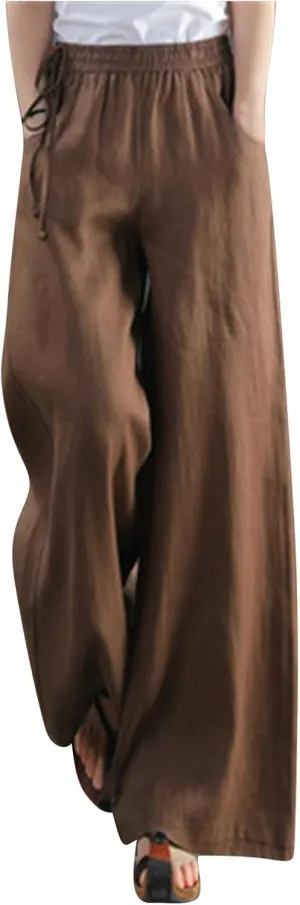 Linen Pants for Women High Waist Palazzo Wide Leg Trousers Lounge Pants Drawstring Boho Beach Pants Solid Slacks