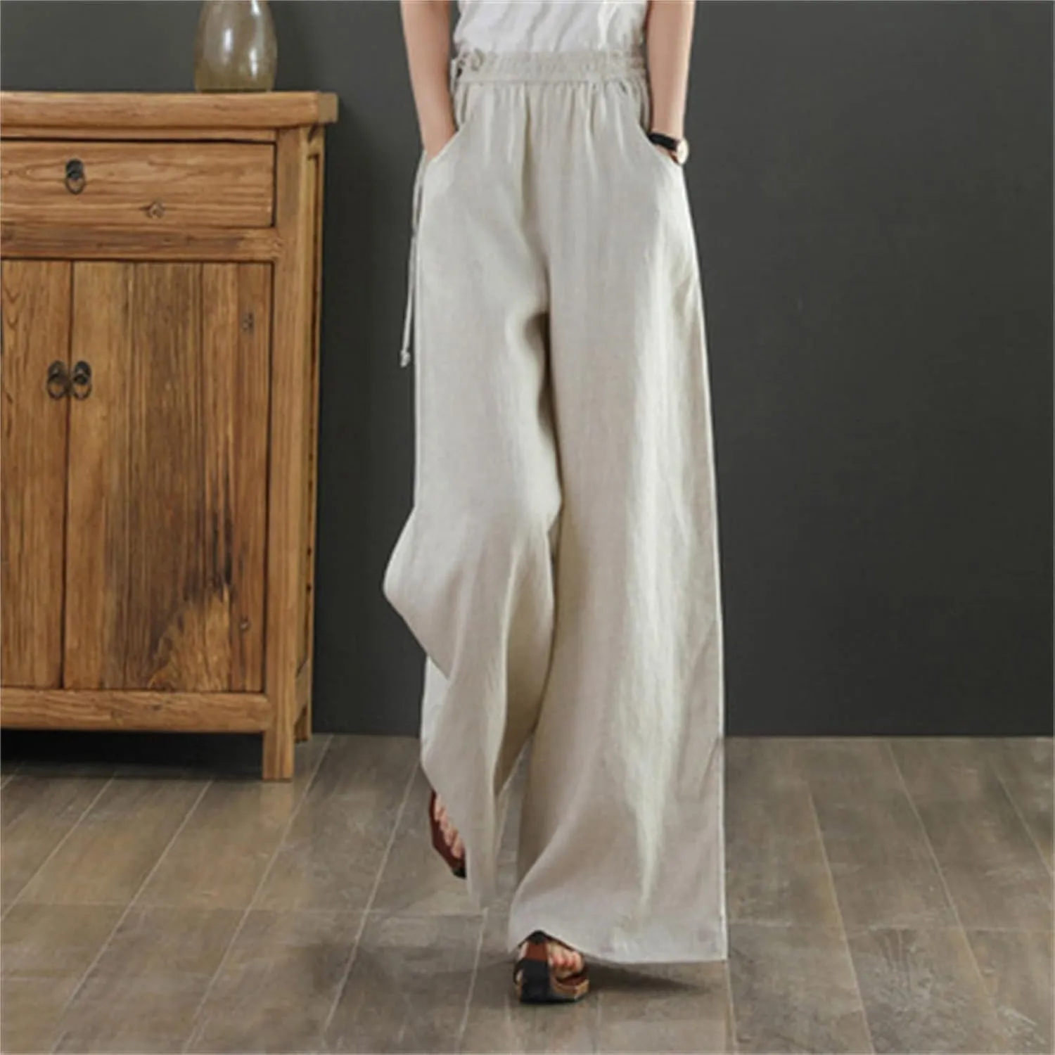 Linen Pants for Women High Waist Palazzo Wide Leg Trousers Lounge Pants Drawstring Boho Beach Pants Solid Slacks