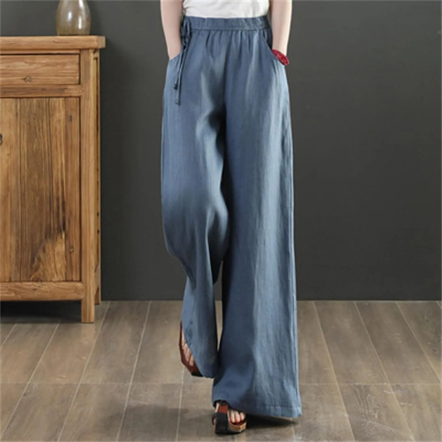 Linen Pants for Women High Waist Palazzo Wide Leg Trousers Lounge Pants Drawstring Boho Beach Pants Solid Slacks