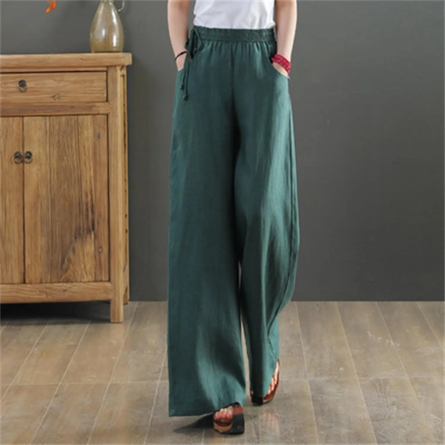 Linen Pants for Women High Waist Palazzo Wide Leg Trousers Lounge Pants Drawstring Boho Beach Pants Solid Slacks