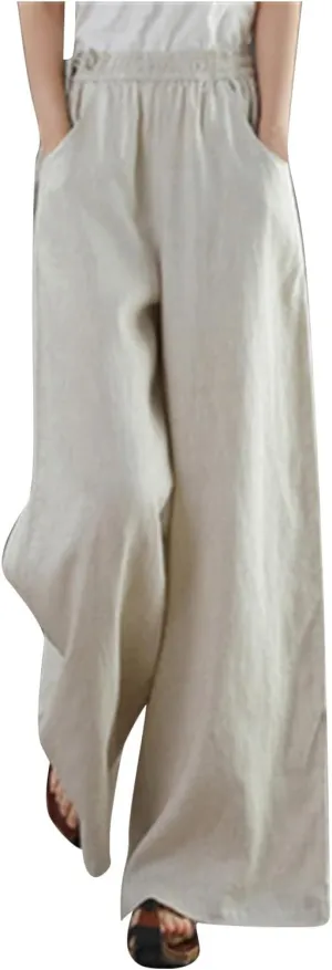 Linen Pants for Women High Waist Palazzo Wide Leg Trousers Lounge Pants Drawstring Boho Beach Pants Solid Slacks