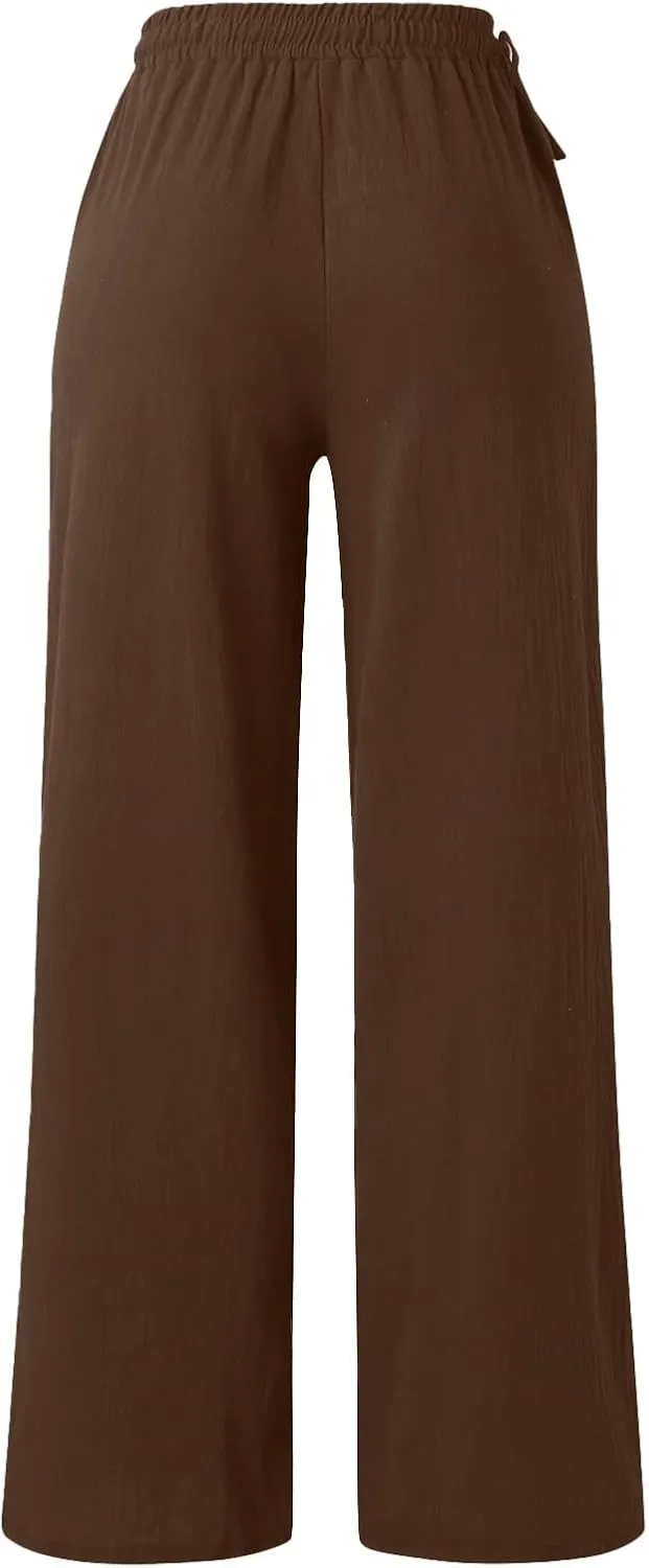 Linen Pants for Women High Waist Palazzo Wide Leg Trousers Lounge Pants Drawstring Boho Beach Pants Solid Slacks
