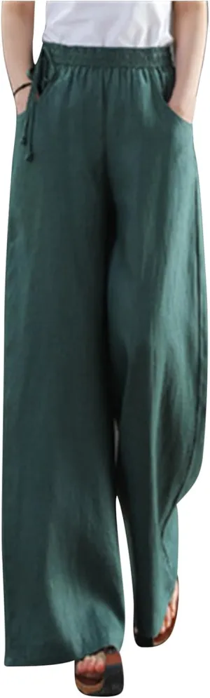 Linen Pants for Women High Waist Palazzo Wide Leg Trousers Lounge Pants Drawstring Boho Beach Pants Solid Slacks