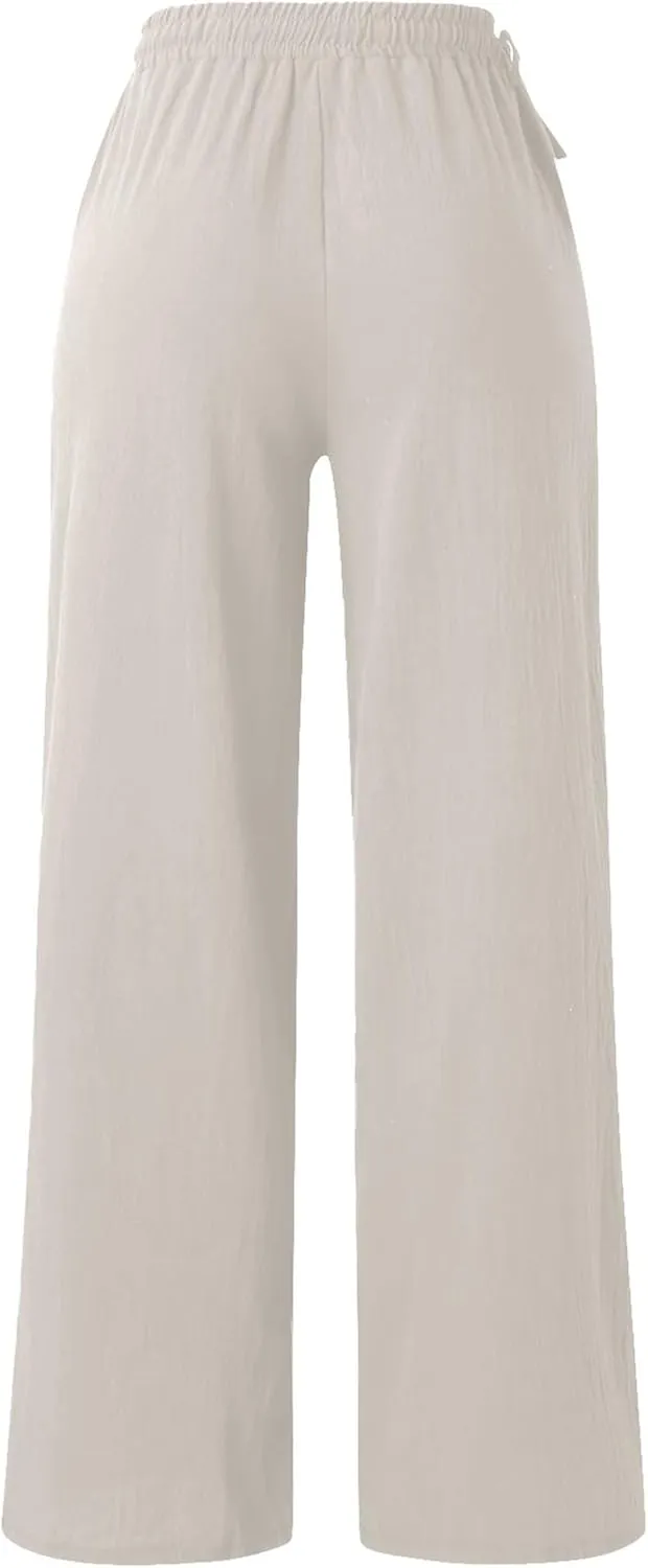 Linen Pants for Women High Waist Palazzo Wide Leg Trousers Lounge Pants Drawstring Boho Beach Pants Solid Slacks
