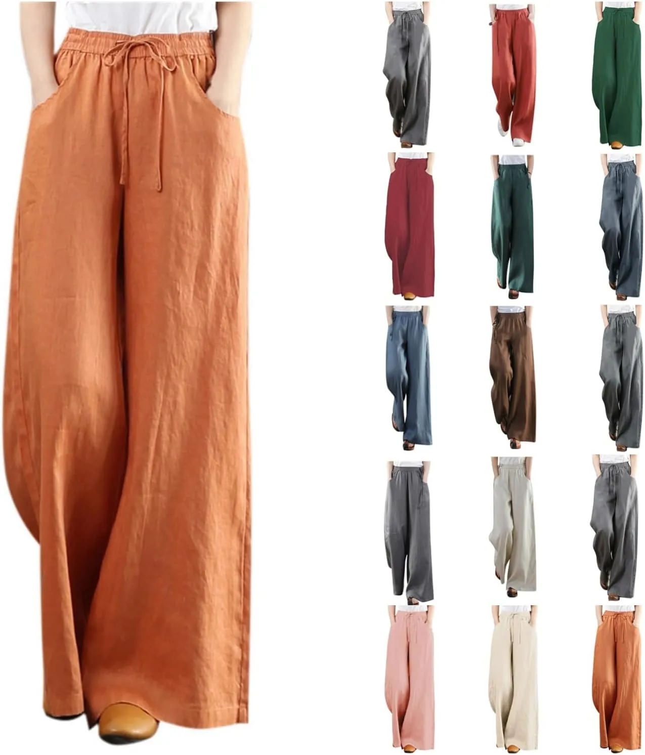Linen Pants for Women High Waist Palazzo Wide Leg Trousers Lounge Pants Drawstring Boho Beach Pants Solid Slacks
