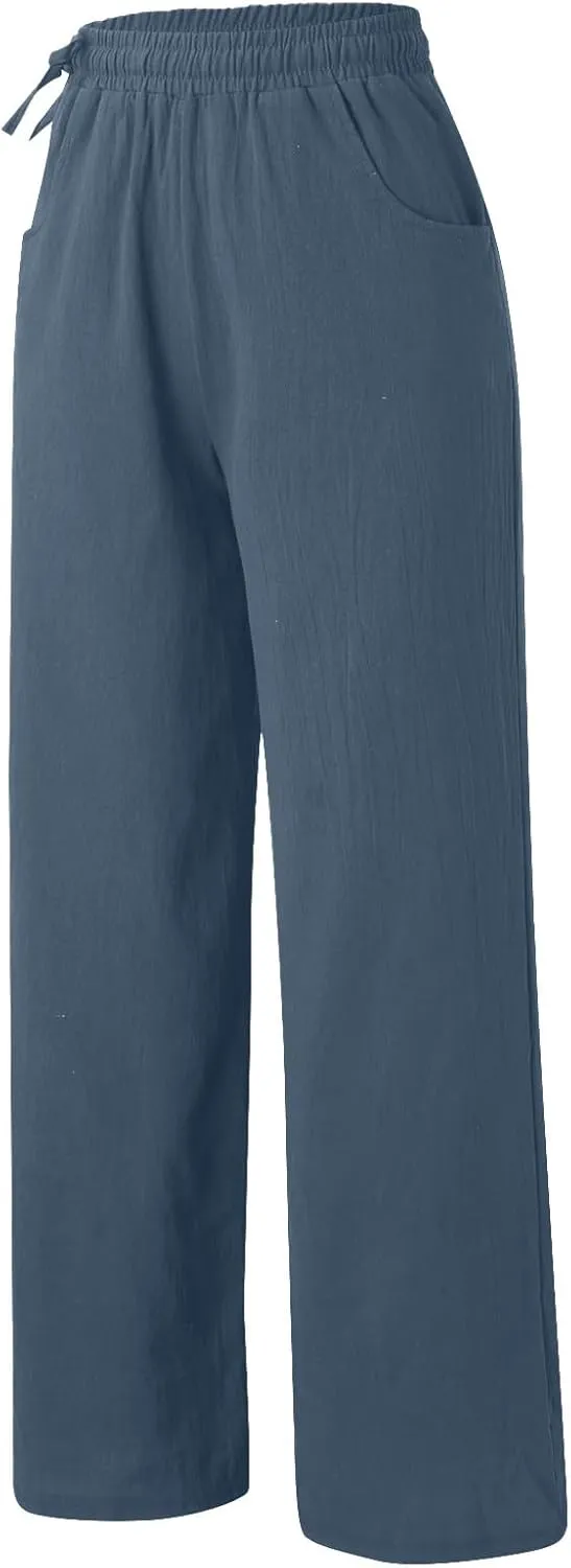 Linen Pants for Women High Waist Palazzo Wide Leg Trousers Lounge Pants Drawstring Boho Beach Pants Solid Slacks