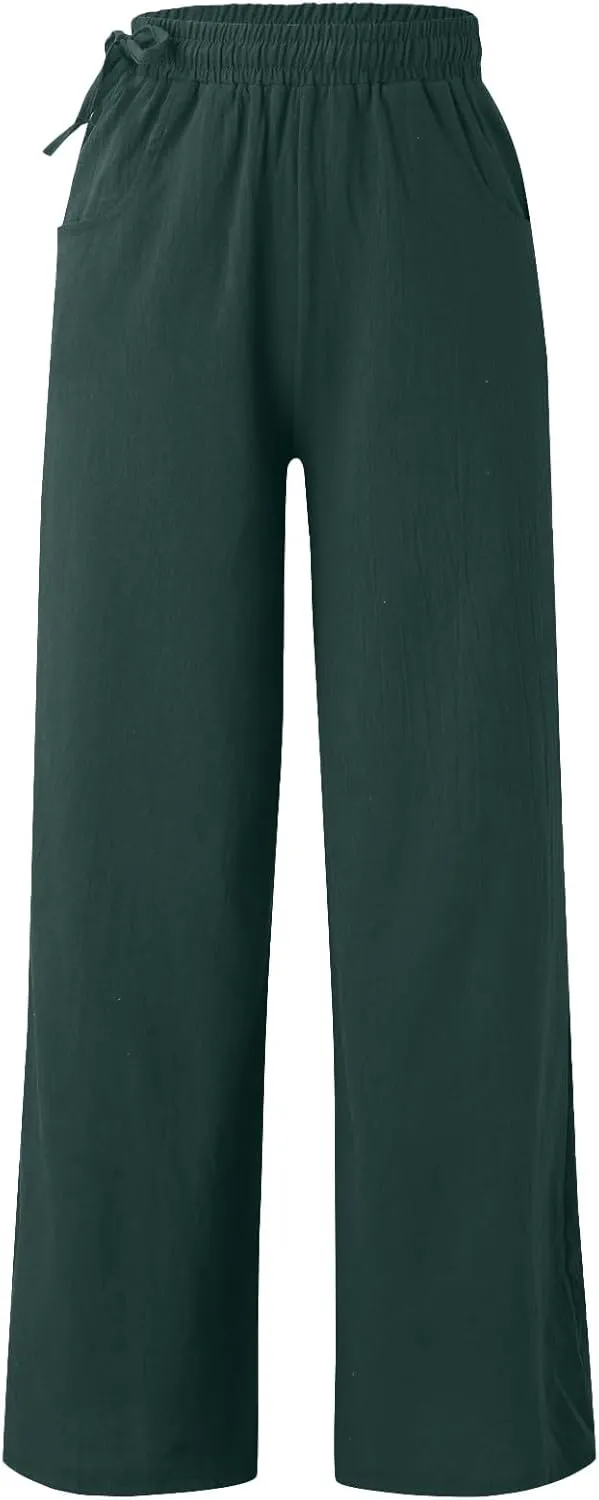 Linen Pants for Women High Waist Palazzo Wide Leg Trousers Lounge Pants Drawstring Boho Beach Pants Solid Slacks