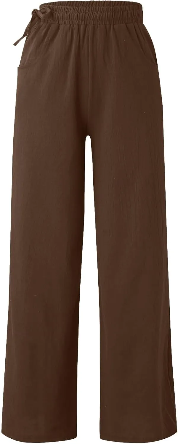Linen Pants for Women High Waist Palazzo Wide Leg Trousers Lounge Pants Drawstring Boho Beach Pants Solid Slacks