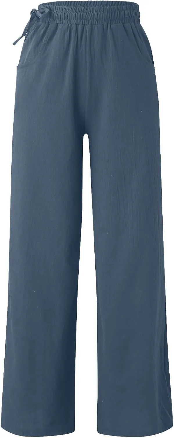 Linen Pants for Women High Waist Palazzo Wide Leg Trousers Lounge Pants Drawstring Boho Beach Pants Solid Slacks