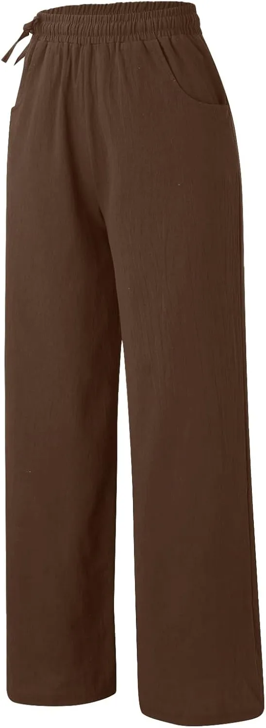 Linen Pants for Women High Waist Palazzo Wide Leg Trousers Lounge Pants Drawstring Boho Beach Pants Solid Slacks