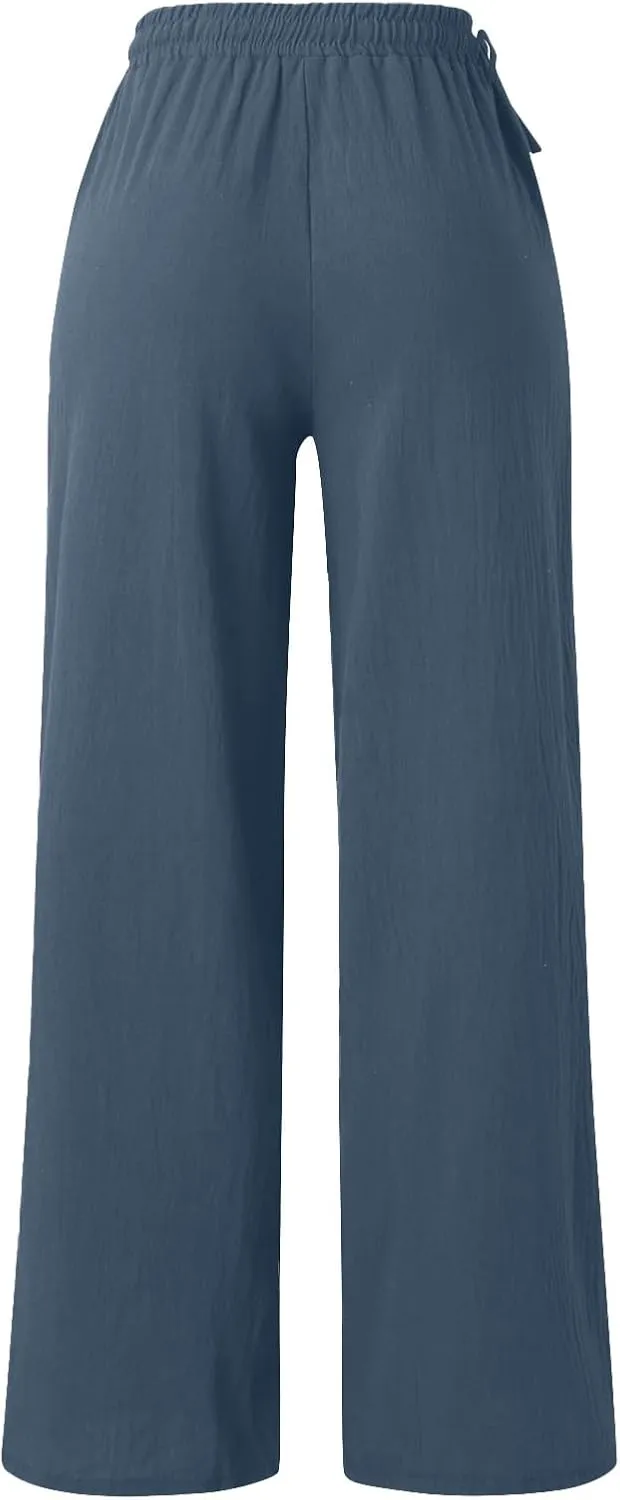 Linen Pants for Women High Waist Palazzo Wide Leg Trousers Lounge Pants Drawstring Boho Beach Pants Solid Slacks