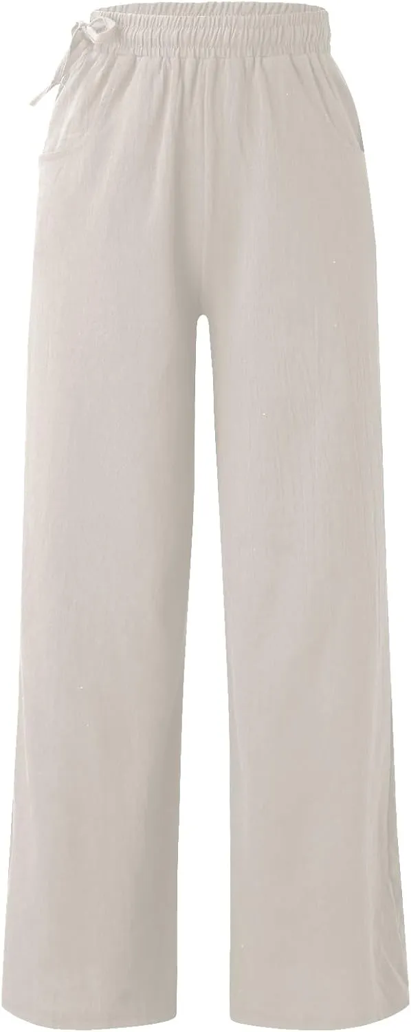 Linen Pants for Women High Waist Palazzo Wide Leg Trousers Lounge Pants Drawstring Boho Beach Pants Solid Slacks