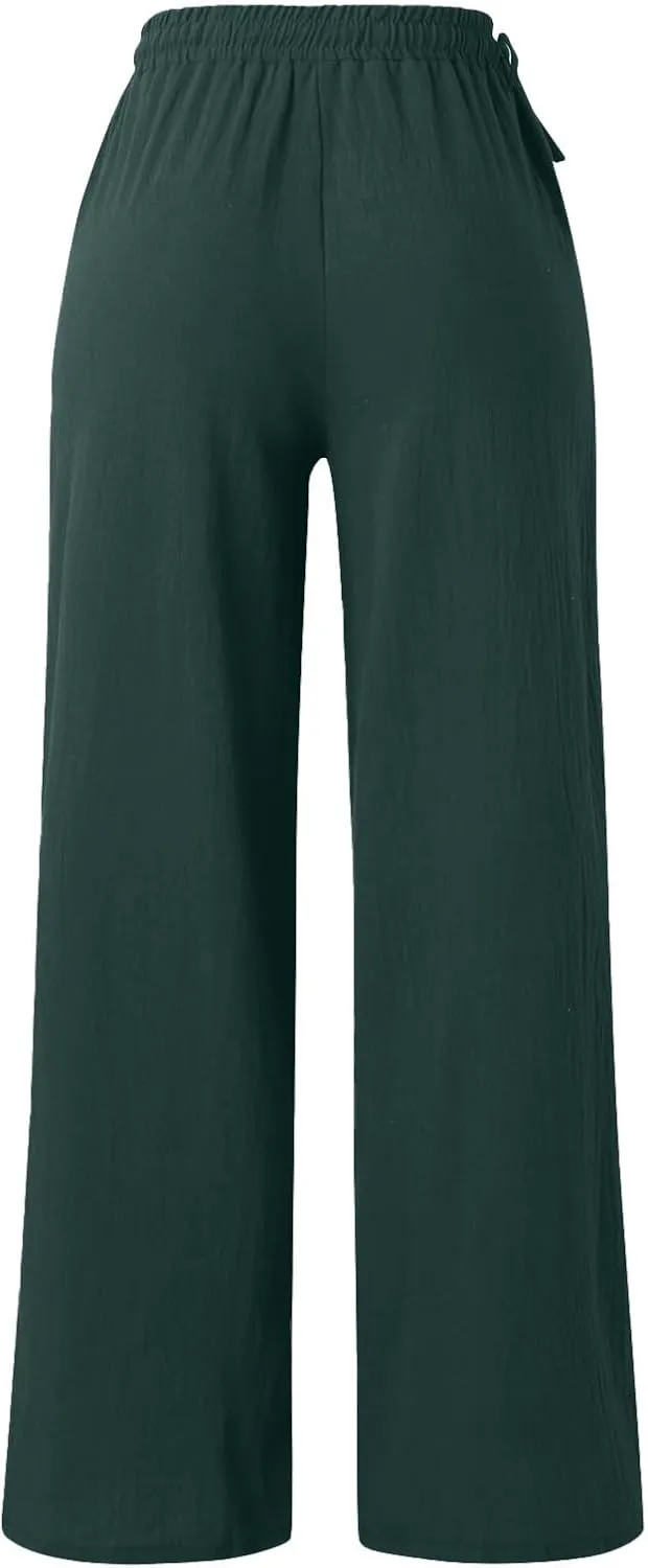 Linen Pants for Women High Waist Palazzo Wide Leg Trousers Lounge Pants Drawstring Boho Beach Pants Solid Slacks