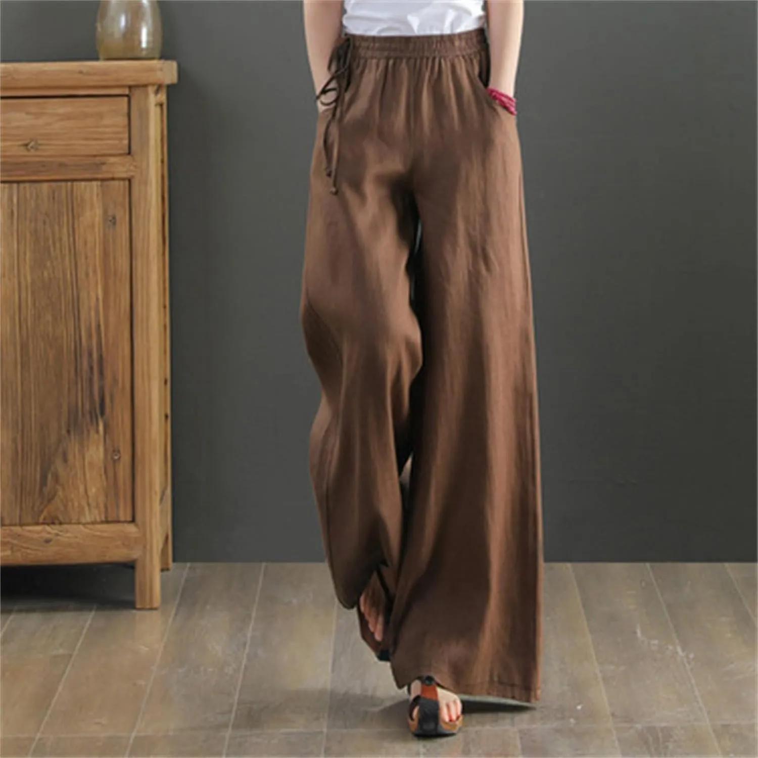 Linen Pants for Women High Waist Palazzo Wide Leg Trousers Lounge Pants Drawstring Boho Beach Pants Solid Slacks
