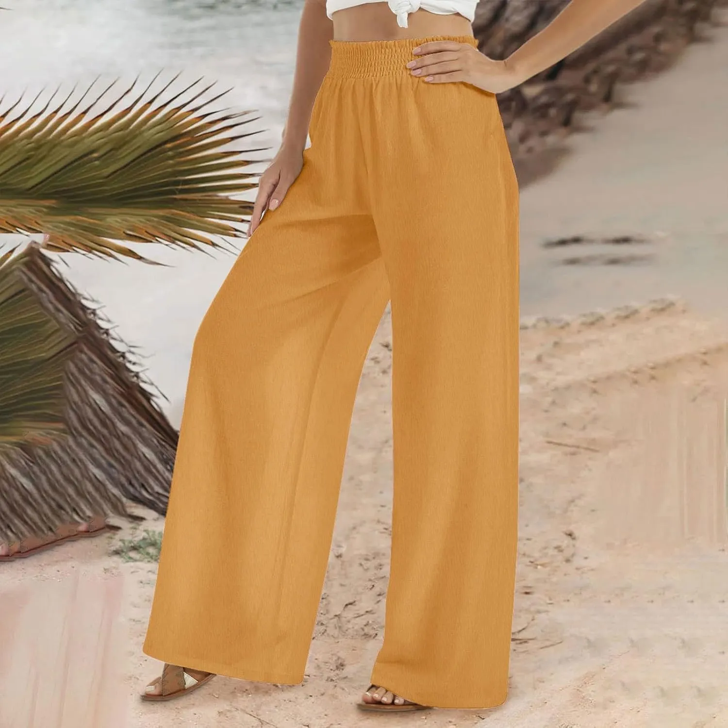 Linen Pants for Women Palazzo Wide Leg Elastic High Waisted Straight Wide Pant with Pockets Flared Trousers 2025