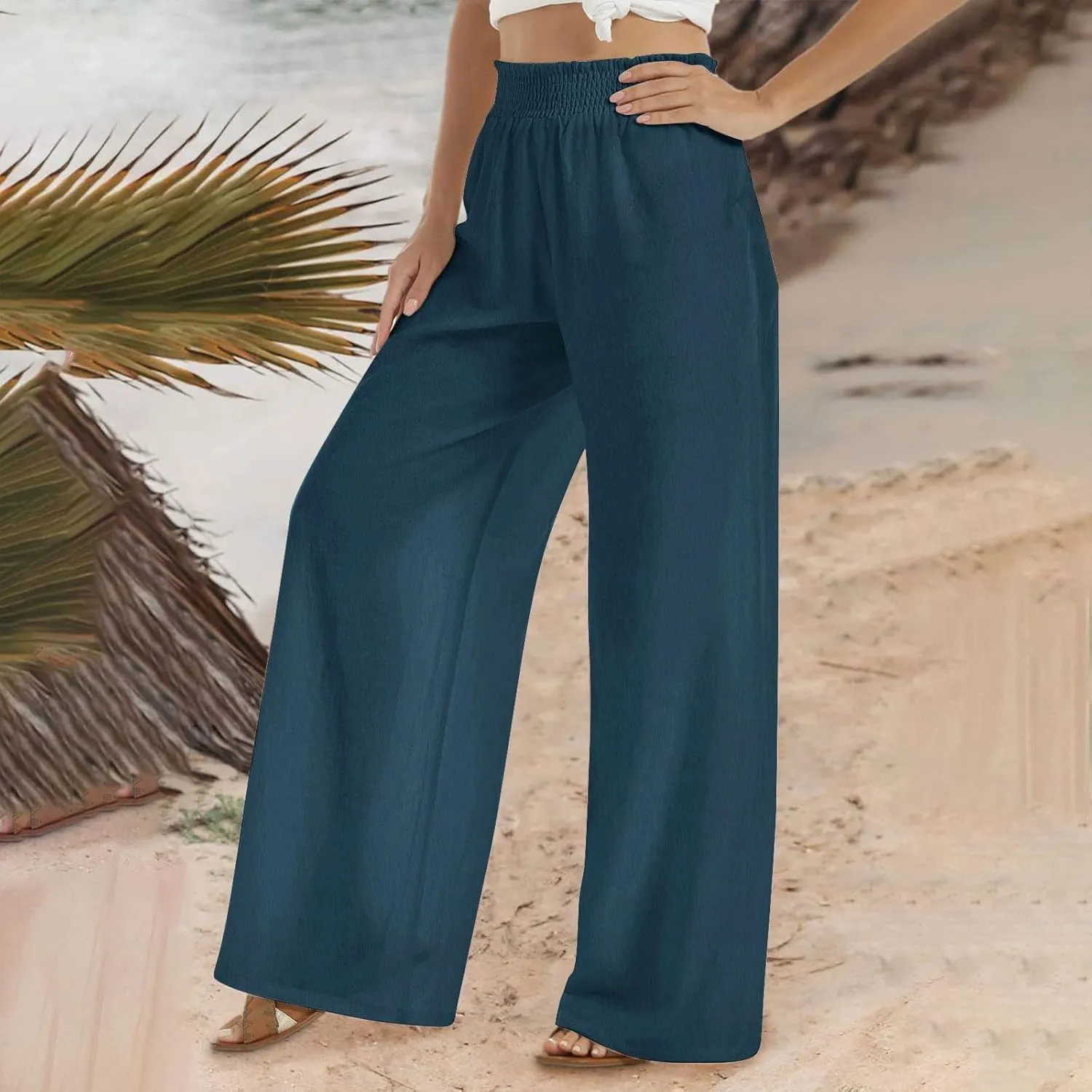 Linen Pants for Women Palazzo Wide Leg Elastic High Waisted Straight Wide Pant with Pockets Flared Trousers 2025