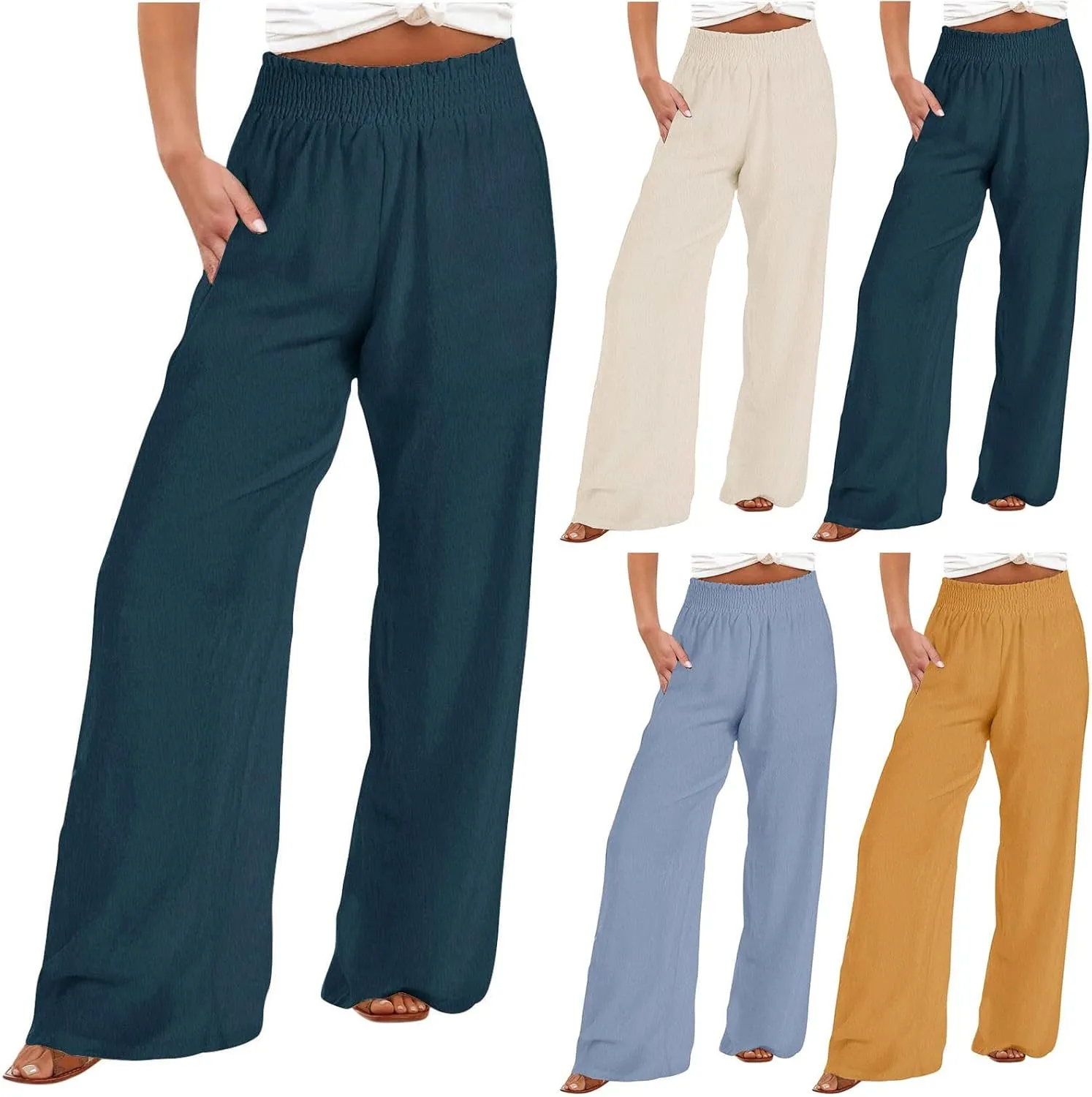 Linen Pants for Women Palazzo Wide Leg Elastic High Waisted Straight Wide Pant with Pockets Flared Trousers 2025