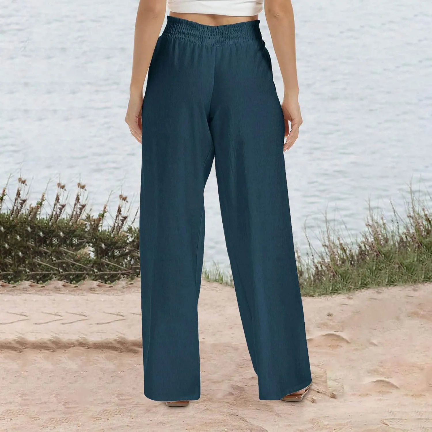 Linen Pants for Women Palazzo Wide Leg Elastic High Waisted Straight Wide Pant with Pockets Flared Trousers 2025
