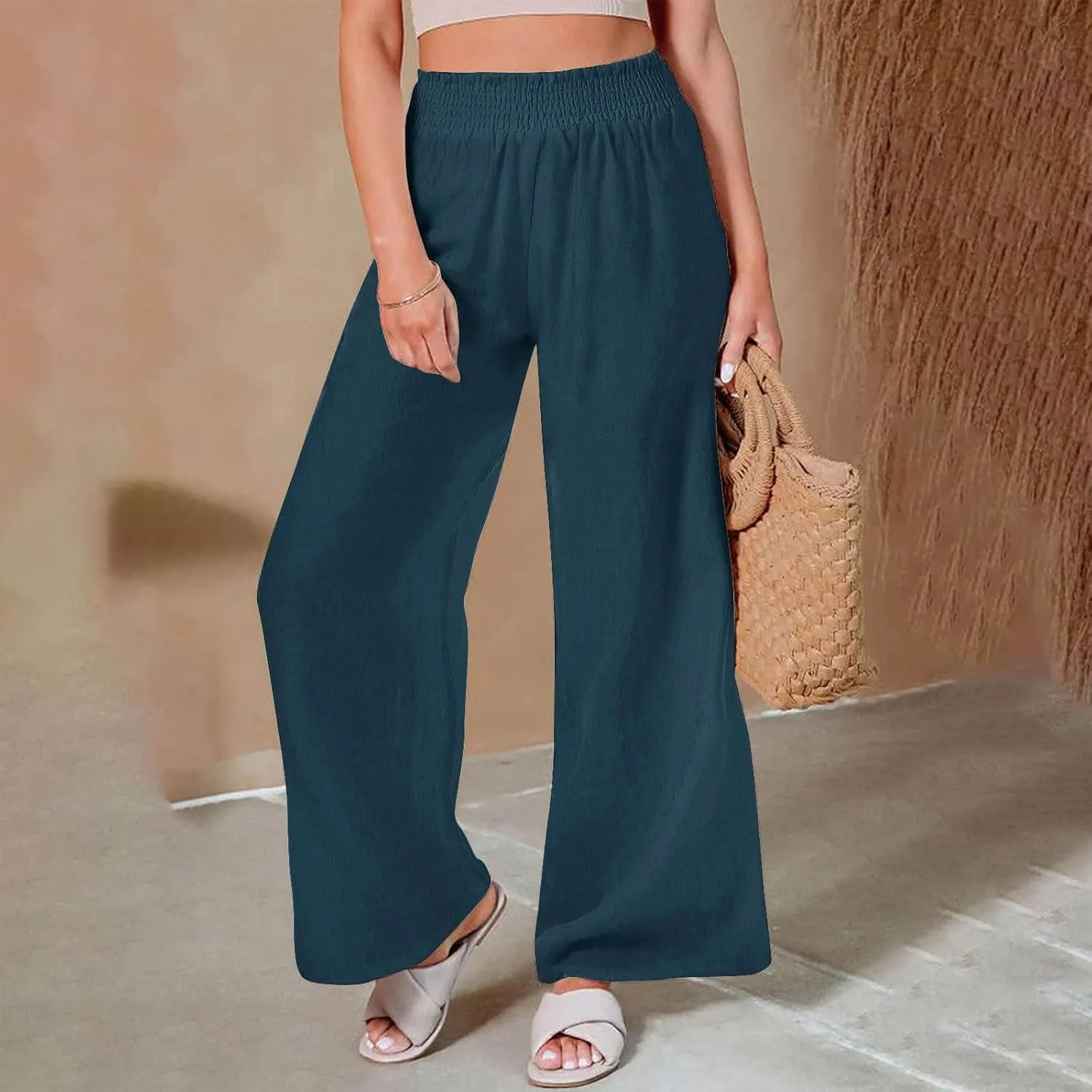 Linen Pants for Women Palazzo Wide Leg Elastic High Waisted Straight Wide Pant with Pockets Flared Trousers 2025