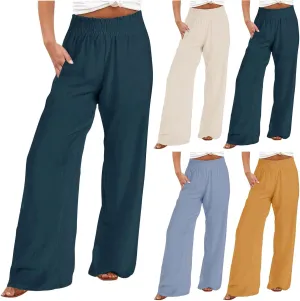 Linen Pants for Women Palazzo Wide Leg Elastic High Waisted Straight Wide Pant with Pockets Flared Trousers 2025