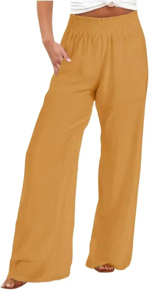 Linen Pants for Women Palazzo Wide Leg Elastic High Waisted Straight Wide Pant with Pockets Flared Trousers 2025