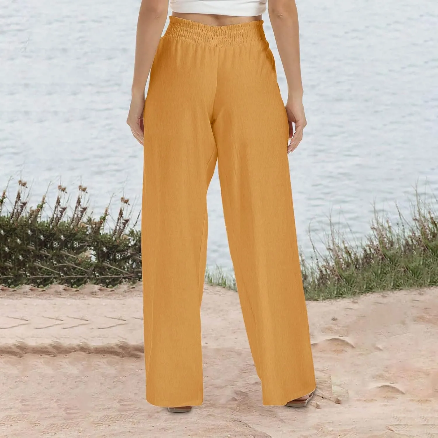 Linen Pants for Women Palazzo Wide Leg Elastic High Waisted Straight Wide Pant with Pockets Flared Trousers 2025