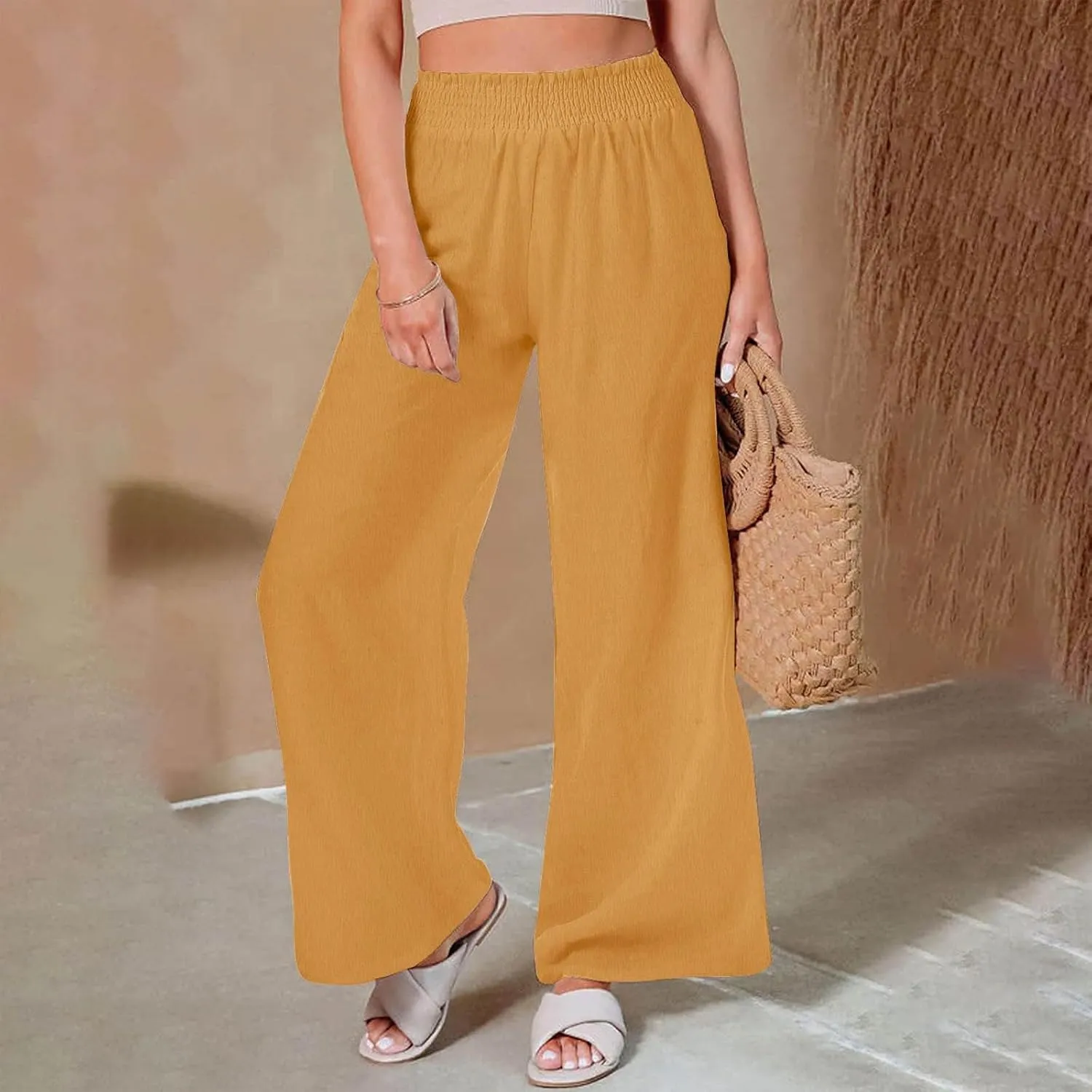 Linen Pants for Women Palazzo Wide Leg Elastic High Waisted Straight Wide Pant with Pockets Flared Trousers 2025