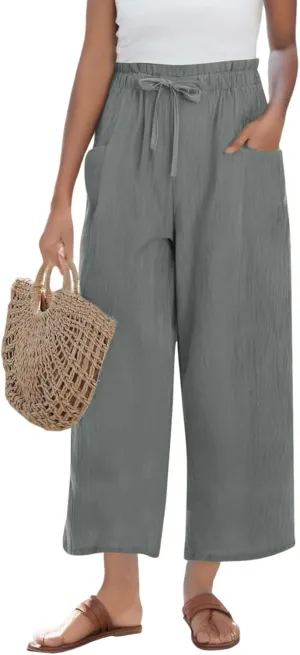 Linen Pants Women Casual Summer Wide Leg Flowy Capri Pant Plus Size Baggy High Waist Palazzo Beach Lounge Trousers