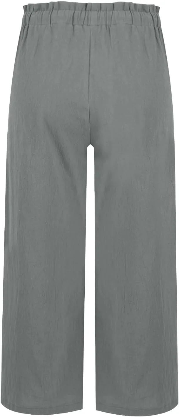 Linen Pants Women Casual Summer Wide Leg Flowy Capri Pant Plus Size Baggy High Waist Palazzo Beach Lounge Trousers