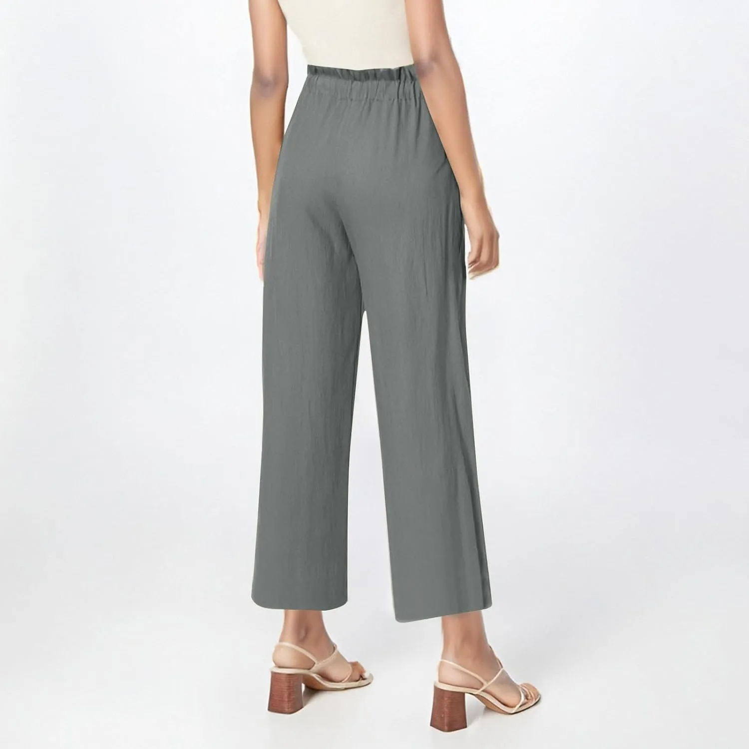 Linen Pants Women Casual Summer Wide Leg Flowy Capri Pant Plus Size Baggy High Waist Palazzo Beach Lounge Trousers