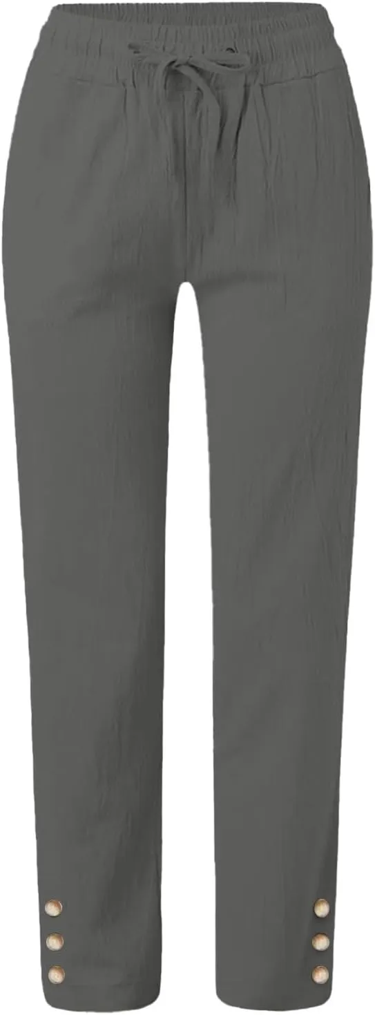 Linen Pants Women Elastic Waist Straight Leg Drawstring Lounge Capri Pants Casual Summer Work Pants Trousers 2025