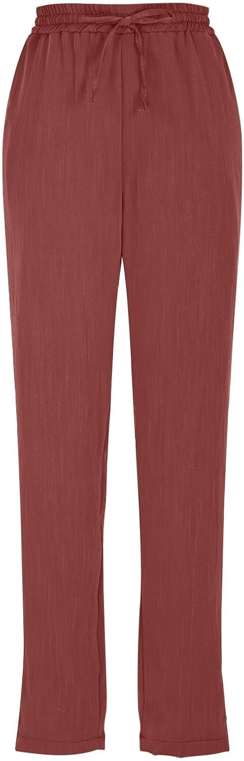 Linen Pants Women Summer Flowy Wide Leg Drawstring Casual Trousers with Pockets Beach Vacation Basic Outfits